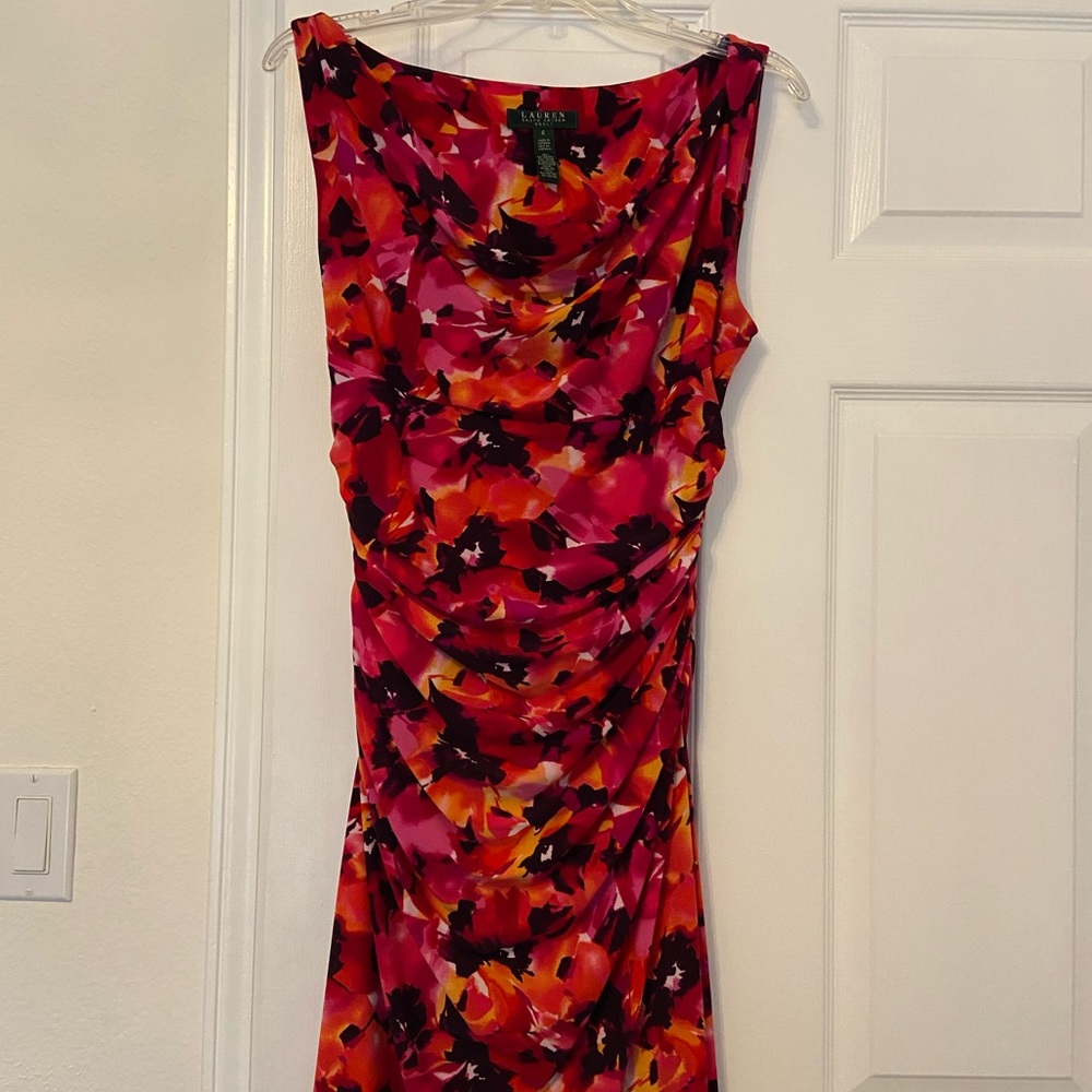 Pink and Orange Ralph Lauren Ruched Sheath Dress with Cowl Neck for Cocktail